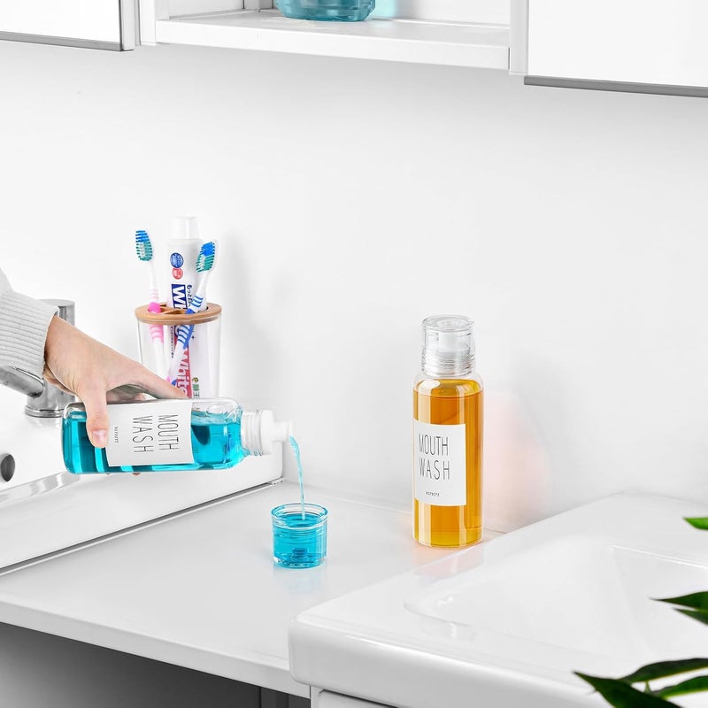 VITVITI Glass Mouthwash Dispenser for Bathroom, 10 OZ Mouth Wash Container Bottle with Lid Cup, Countertop Small Clear Refillable Mouthwash Dispensers Decanter, Set of 2 (White) - Image 5